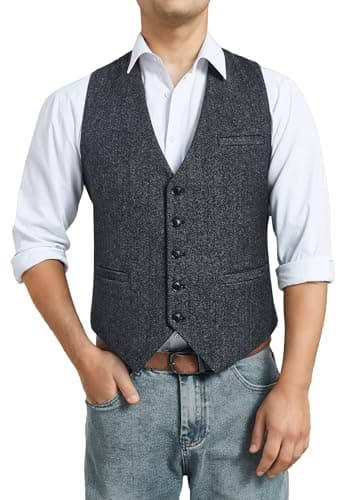 Image of HISDERN Mens Waistcoat Tweed Waistcoats for Men Formal Suit Vest Herringbone Waistcoats Charcoal Grey L