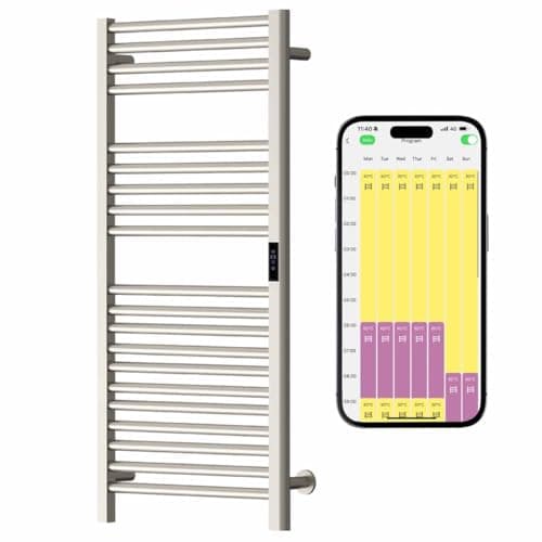 Image of SolAire Sulby Wifi Stainless Steel Dry Electric Heated Towel Rail With Timer, Thermostat & Voice Control. Brushed Nickel Finish (500 x 1200 mm)