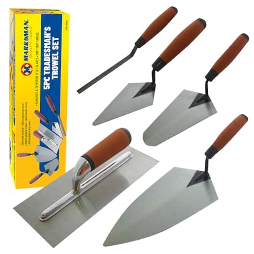 Image of 5pc Tradesman Trowel Set - Brick Jointer Hand Brick Plastering Builders | Hardened & Tempered Steel Blades | Hand Tool - Professional Quality | Builders Bricklaying Tools with Soft Grip Handles