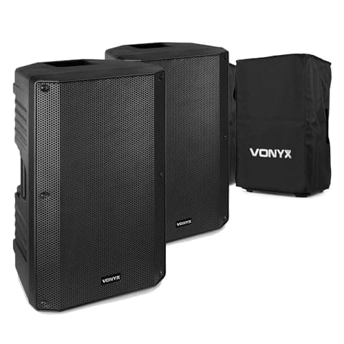 Image of Vonyx VSA150S 15" Active DJ Speakers Pair with Bluetooth, 1000W Powered PA System, 2x Protective Speaker Bags, USB MP3, EQ, Microphone Guitar Inputs for Live Events