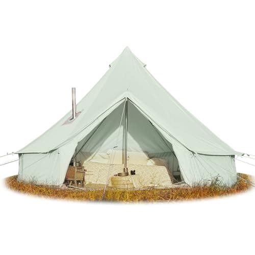 Image of Cotton Canvas Bell Tent - Glamping Yurt with Stove Jack, Waterproof and Breathable Cotton, 4 Season Tent with Zipped Removable Floor (Pea Green, 4M Diameter)