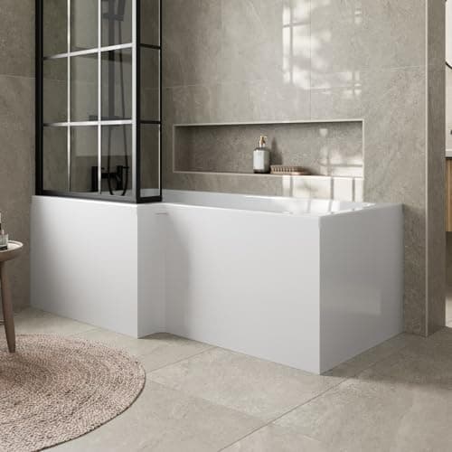 Image of Affine® 1700mm Front Side Shower Bath Panel 18mm MDF, Modern Wooden Panels for Bathroom L Shaped Baths Soaking Tubs, White Gloss