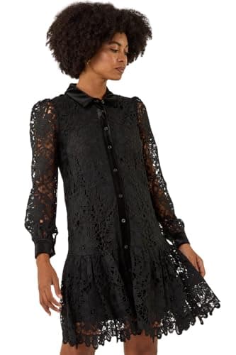 Image of Roman Premium Velvet Trim Shirt Dress for Women UK - Ladies Everyday Autumn Winter Collar & Revere Neckline Comfy Soft Evening Vacation Work Party Night Out - Black - Size 18