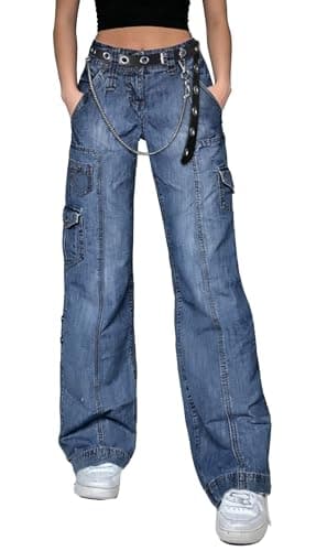 Image of DINGJIUYAN Grunge Pants Women Frayed Patch Jeans High Waist Raw Hem Denim Y2k Pants Boyfriend Baggy Jeans with Belt