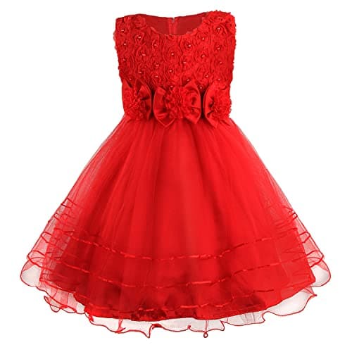 Image of Discoball Girls Princess Dress Rose Flower Bow Tie Party Dresses Tulle Wedding Dresses Bridesmaid Christening Elegant Formal Dress for Girls(Red)
