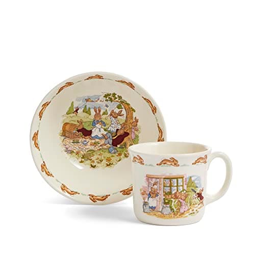 Image of Royal Doulton Bunnykins Children's Dining Set, 2-Piece Earthenware Bowl and Mug, Picnic and Grocery Scenes, Cream with Multicoloured Illustrations