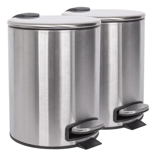 Image of Harbour Housewares 5L Bathroom Bins - Brushed - Pack of 2 - Round Stainless Steel Pedal Bin Slim Kitchen Rubbish Trash Can Garbage Dustbin with Lid and Inner Liner Bucket