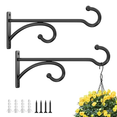 Image of Pickpiff 2 Pcs 8-Inch Planter Hooks - Hanging Plant Hooks, Indoor/Outdoor, Wall Mounts for Plants, Baskets, Wind Chimes, Bird Feeders (Black Metal)
