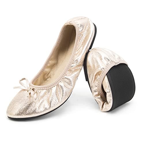 Image of Greatonu Women's Ballet Pumps Comfort Foldable Portable Travel Slip on Slipper Bow Tie Flats Shoes Gold UK 7