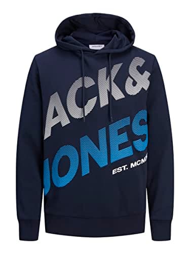 Image of JACK & JONES Mens Hooded Hoodie Regular Fit Cotton Blend Sweatshirt Long Sleeve Hoodies for Men UK, Navy Blazer Colour, Size- S