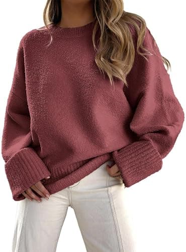 Image of Jhsnjnr Women's Oversized Crew Neck Knitted Jumper Soft Winter Jumper Casual Thick Sweater Warm Autumn Loose Winter Jumper, fuchsia, XL
