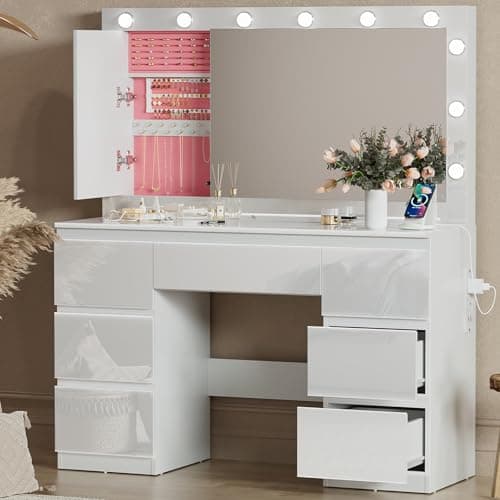 Image of TRIUMPHKEY High Gloss Dressing Table with Large LED Mirror,Vanity Table Makeup Desk with 7 Drawers and Power Outlet,Jewelry Storage Cabinet,White Bedroom Furniture