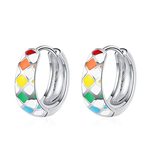 Image of Rainbow Hoop Earrings for Women Girls 925 Sterling Silver Checkerboard Huggie Earring Best Friends Jewelry Gift (Silver)