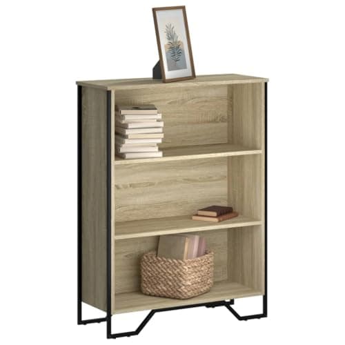 Image of Owoxanthellate Sonoma Oak Bookcase 80x31x106 cm Engineered Wood Bookshelf with 3 Open Shelves Metal Legs Modern Storage Unit for Living Room Hallway Office