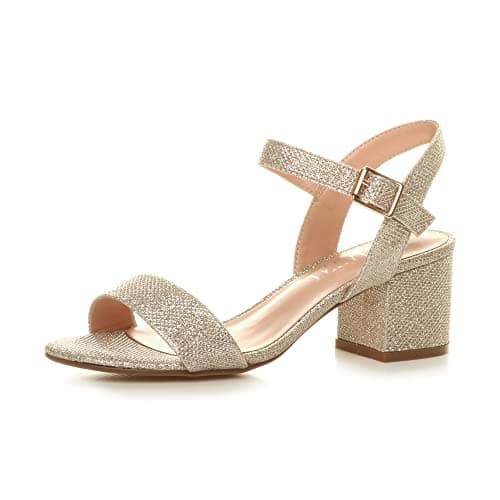 Image of Ajvani Women Ladies Low Block Heel peep Toe Ankle Strap Strappy Party Sandals - Champagne Glitter - 3 UK