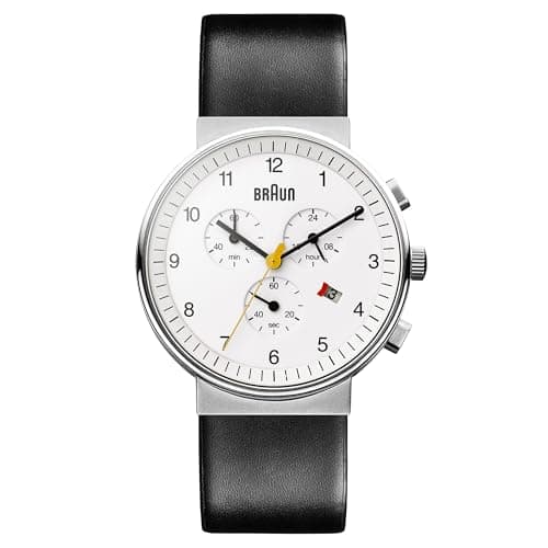 Image of Braun Mens Chronograph with Date Analogue Quartz Watch, White Dial and Black Leather Strap, 40mm Stainless Steel Case, Model BN0035BWHBKG