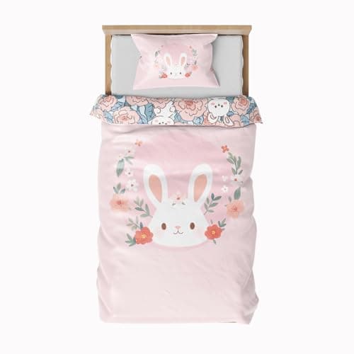 Image of DJDEA Cot Bed Duvet Cover Set, Rubbit Reversible Toddler Bedding Set With Zip Fastening, Kids Duvet Cover 120x150cm With 40x60 cm Pillowcase