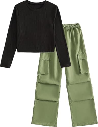 Image of Xumplo Outfits for Girls Black Tops and Work Pants 2Pcs Sets Kids Long Sleeve Crewneck Fall Clothing Set 8-10 Years