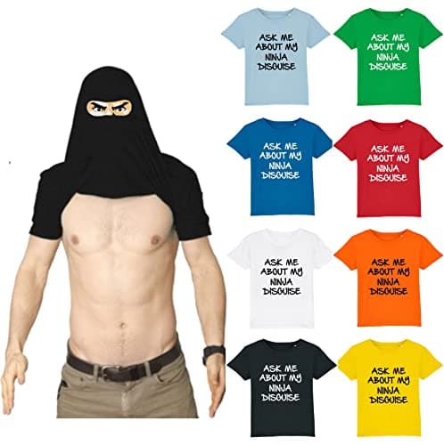 Image of Ask Me About My Ninja Disguise T-Shirt, Funny Fancy Dress Prank Costume Flip Unisex Kids Adults Flip Top (Black, 12 Years)