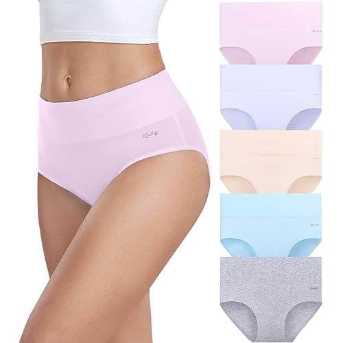 Image of coskefy Underwear Women, High Waisted Cotton Knickers Ladies Full Briefs Soft Panties Slight Tummy Control Pants 5 Pack XXL