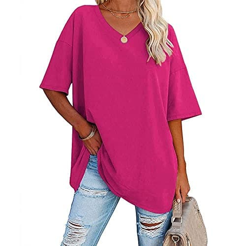 Image of Famulily Women's Summer Casual Half Sleeve T Shirt Ladies Basic Solid Color Tunic Tops V Neck Tshirts Hot Pink L