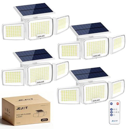 Image of JEJOT - White Solar Security Light Outdoor Super Bright LED Motion Sensor Solar Flood Light 3 Heads 270° Wide Angle Remote Control IP65 Waterproof 3