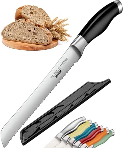 Image of Orblue Serrated Bread Knife Ultra-Sharp Stainless Steel Professional Grade Bread Cutter - Cuts Thick Loaves Effortlessly - (8-Inch Blade with 5-Inch Handle), Black