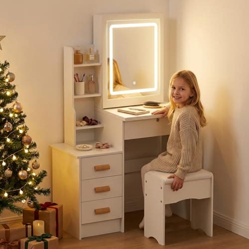 Image of joukares Dressing Table with Mirror and Stool, Vanity Table with LED Lights Mirror 3 Colour Modes, Makeup Desk with Storage Drawers and Shelves, Small Dressing Table for Bedroom for Girl (White 3)