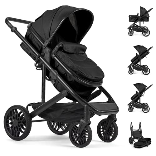 Image of Lejoux™ Avant Baby Pushchair Travel System – Larger Foldable Stroller with Carrycot, 5-Point Harness, Adjustable Seat, Oversized Basket & One-Hand Fold – Swivel Wheels & Rain Cover Included (Black)