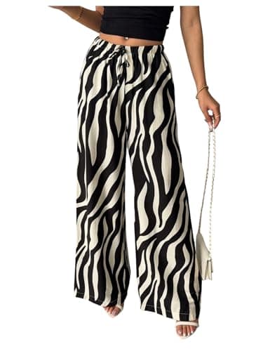 Image of GORGLITTER Palazzo Trousers for Women Zebra Striped Drawstring Elastic Waist Loose Summer Vacation Long Pants Black and White Large