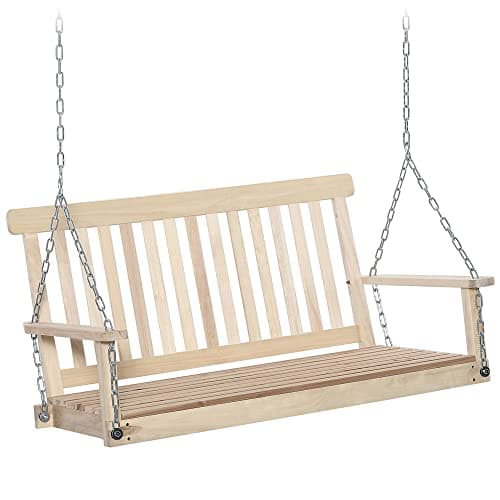 Image of Outsunny Outdoor Wooden Swing Bench 2-Seater Porch Swing Chair Hanging Hammock Garden Furniture, Natural
