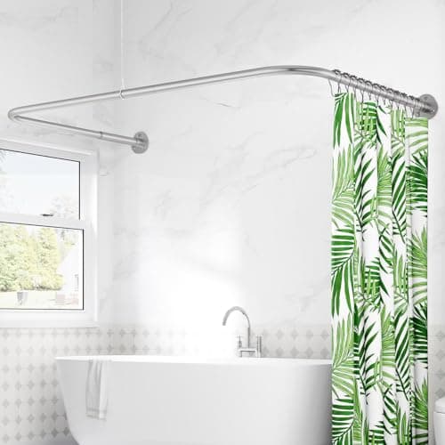 Image of U Shaped/L Shaped Shower Curtain Rail, (60-91) X (78-196) X (60-91) cm Adjustable Curved Shower Curtain Pole With 12 Rings & Ceiling Support For Bathroom & Bathtubs, Need Drilling - Silver