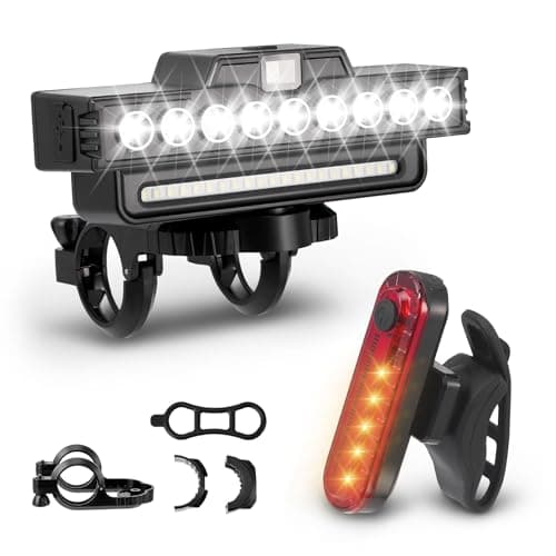 Image of Bike Front and Rear Light Set, 9 LED Super Bright Bike Lights, 7 Lighting Modes Mountain Road Cycle Light, Bicycle Lights for Night Cycling, USB Rechargeable 120dB Horn IPX5 Waterproof
