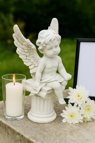 Image of JRose Collections Resin Angel Figurine 20cm – White Cherub Ornament on Pedestal Column, Decorative Sitting Angel Statue for Home Décor, Memorial Display, Garden Shelf & Indoor Decorations (JR-1481)