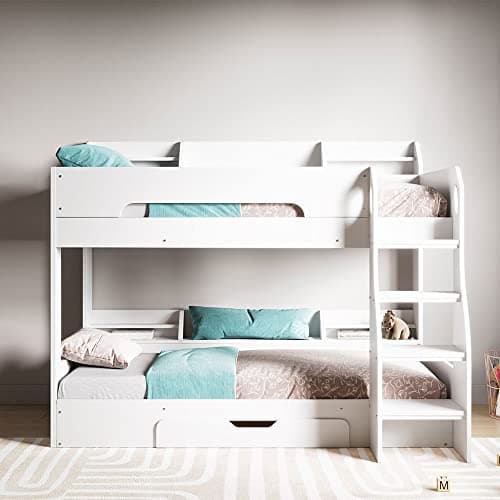 Image of Flair Furnishings - Double Bunk Beds, Wooden Bunk Beds for Kids with Shelves and Drawer, Heavy Duty and Sturdy, Cosy, Stylish, Space Saving Design (Grey & White)