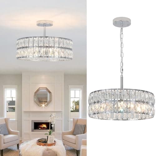 Image of Rviezza Chrome Metal Round Crystal Pendant Light, Adjustable Hanging Height, 5-Lights Silver Chandelier with E14 Dimmable Holder, Modern Ceiling Light for Living Room, Dining Room, Bedroom