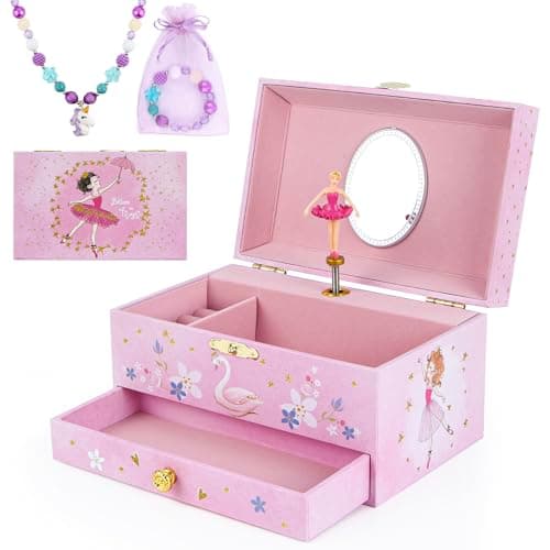 Image of hombrima Music Jewellery Box with Drawer Necklace Bracelet, Musical Jewelry Storage Case with Spinning Ballerina Gift Set for Kids Girls Children Daughter (Pink Ballerina)