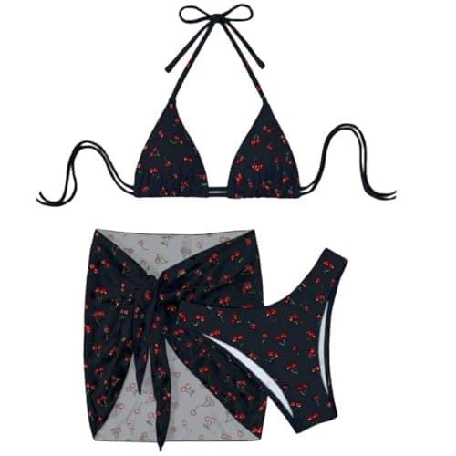 Image of TFAOYS 3PCS Women Two Pieces Swimsuit Print Swimwear with Beach Wrap Skirt, String Swimming Costume Fruit Print Bathing Suit Swimsuit Set