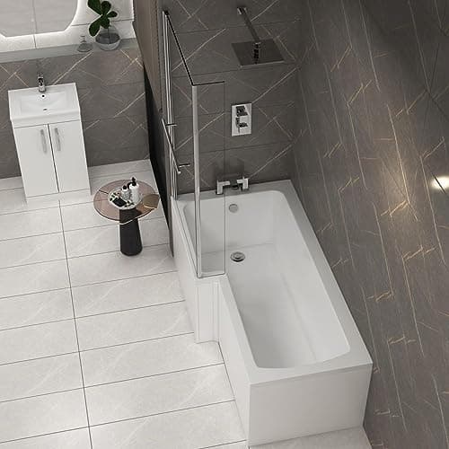 Image of Qubix 1700 x 850mm Left Hand L-Shaped Shower Bath Acrylic Bathtub with Front Panel + Glass Shower Fixed Screen
