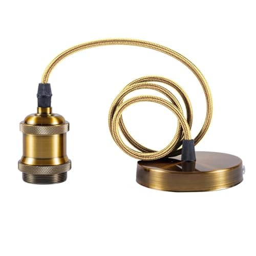 Image of Sevenpers Light Fittings Ceilings, E27 Vintage Bright Brass Pendant Light Fitting Lamp Holder with Ground Wire and 90cm Braided Cable