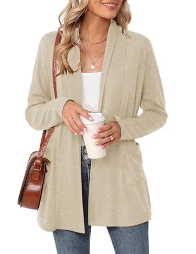 Image of Rapbin Ladies Cardigan Long Sleeve Open Front Cardigans Lightweight Longline Cardigan with Pockets(Beige,S)