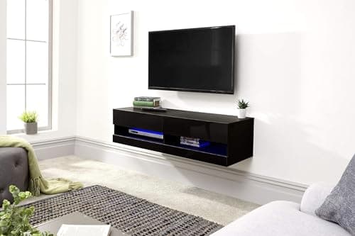 Image of GFW Galicia Wall Mounted High Gloss Featuring A LED Downlight, This Floating TV Unit Console & Television Stand for Living Entertainment Room with Storage Shelves, Engineered Wood, Black, 120cm