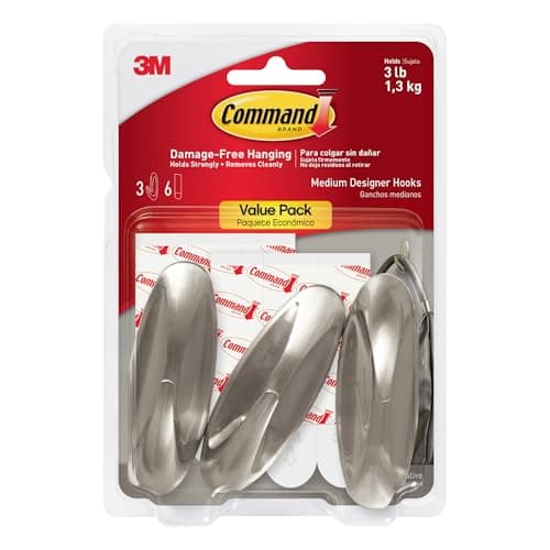 Image of Command Designer Hooks, Medium, Brushed Nickel, 3-Hooks (17081BN-3ES), Great for dorm decor