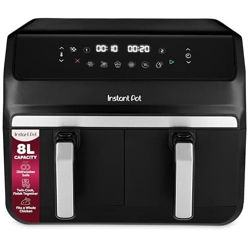 Image of Instant Pot - Vortex Dual Black Air Fryer - Large 8L, Family Size, Twin, Double 4L Basket, 8 in 1 - Food Dehydrate, Grill, Bake, Roast, Reheat, Non-Stick, Easy Clean, Dishwasher Safe, Electric