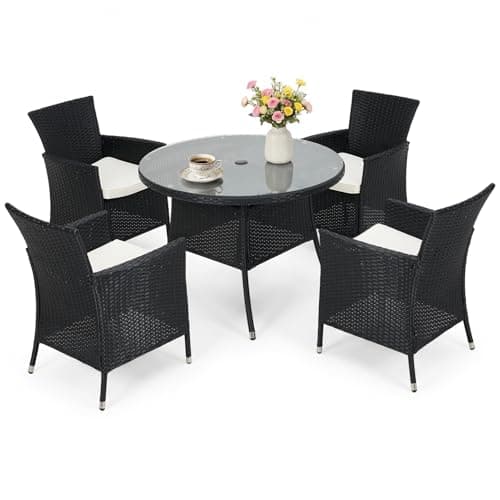 Image of Warmiehomy Rattan Garden Table and Chairs Set 5 Pieces Garden Dining Set 100cm Round Patio Table with Parasol Hole 4 Seater Wicker Armchairs with Seat Cushions Tempered Glass Tabletop, Black