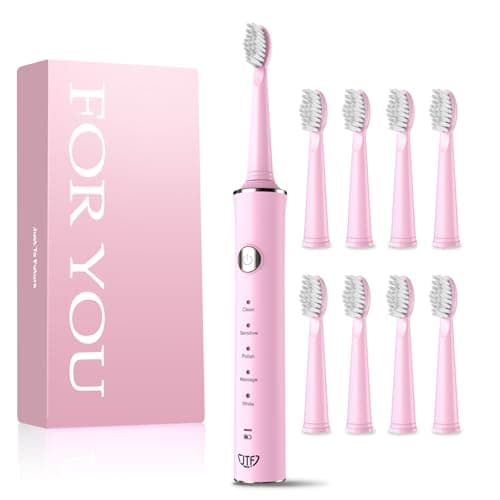 Image of JTF Sonic Electric Toothbrush with 8 Brush Heads for Adults and Kids, 2 Hours Fast Charge for 45 Days, 5 Modes, 2-Min Timer, IPX7 Waterproof Deep Clean Rechargeable Toothbrushes for Home Travel(Pink)