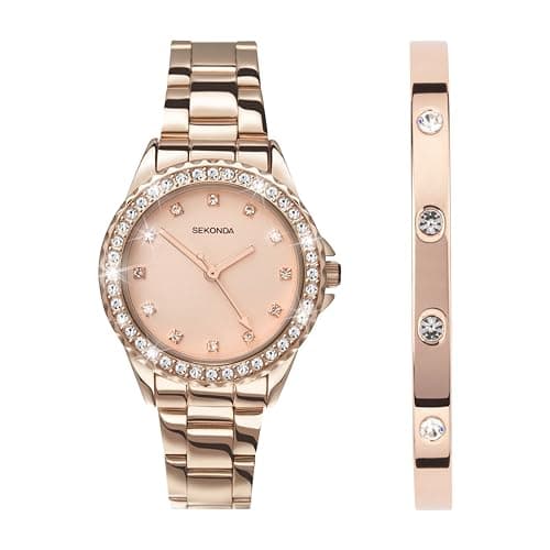 Image of Sekonda Elizabeth Gift Set Rose Gold Bracelet Pink Dial Rose Gold Bangle Women's Quartz Watch 33mm with Stone Set Case, Analogue Display and Stainless Steel Bracelet
