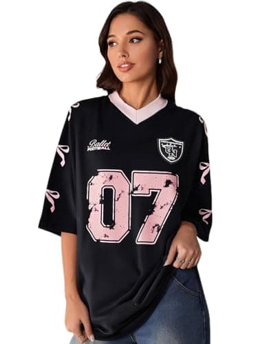 Image of GORGLITTER Women's Letter Graphic Bow Print T Shirts V Neck Half Sleeve Oversized Jersey Shirts Black Small