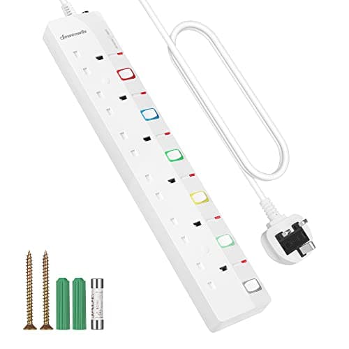 Image of DEWENWILS 6Way Extension Lead with Individual Switches, Surge Protected Extension Cable 3M with Indicator Lights, 13Amp 6Gang Power Strip Lead, Wall Mountable, White