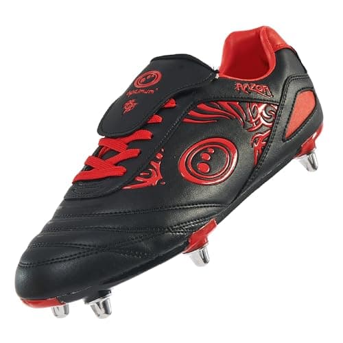 Image of Optimum Razor Kids Rugby Boots, Lightweight 8 Stud Design Crafted for Elite Traction & Power to Drive Through the Scrum, Performance Ready for Soft Ground (SG) Grass Pitches - Black/Red, Size 5